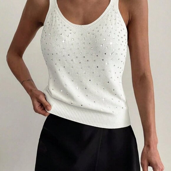 White Casual Women's Knitted Sweater With Rhinestone Embellishment - Picture 1 of 7